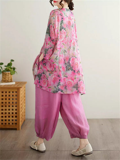 Boho 3/4 Sleeve Round Neck Floral Print Tunic Top with Elastic Waist Lantern Pants