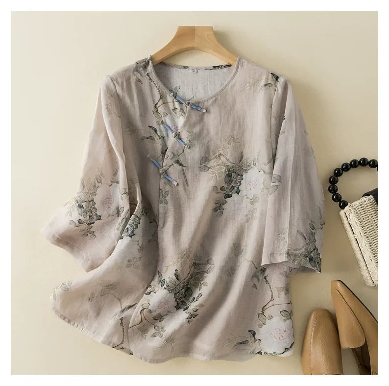 Botanical Bird Print Cotton Linen Three Quarter Sleeve Shirt - detail view