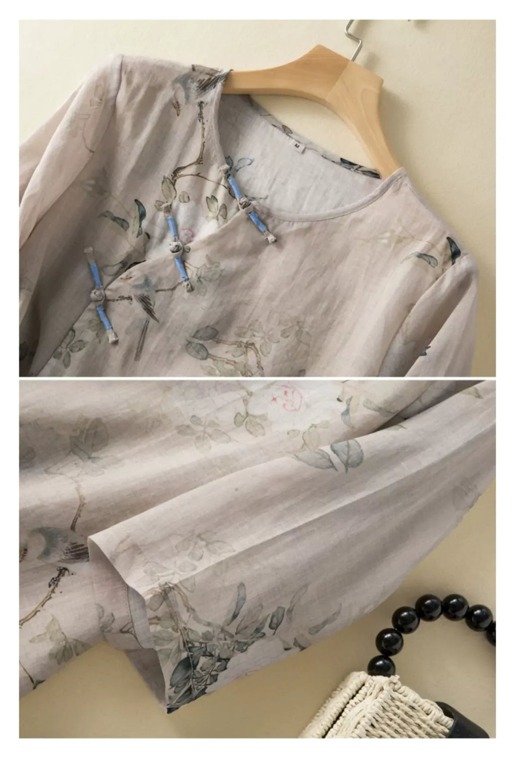 Botanical Bird Print Cotton Linen Three Quarter Sleeve Shirt - detail view