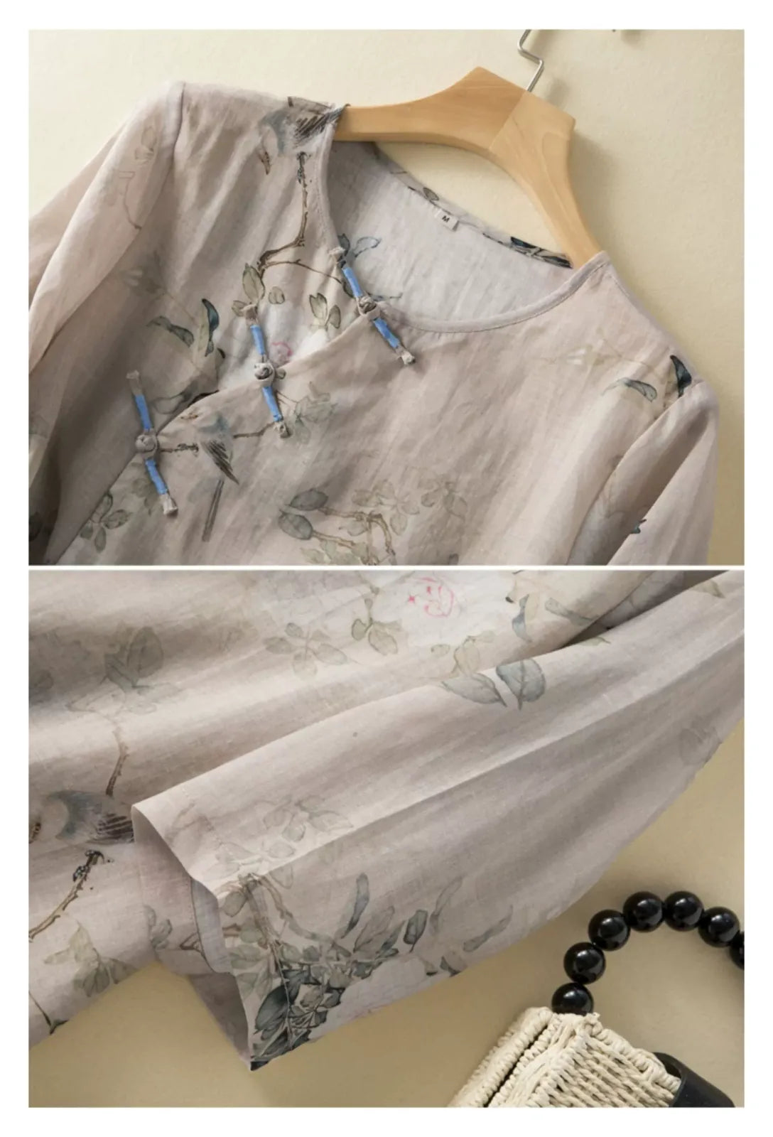 Botanical Bird Print Cotton Linen Three Quarter Sleeve Shirt - detail view