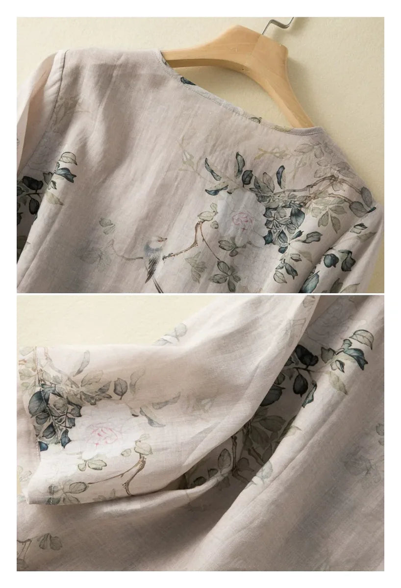 Botanical Bird Print Cotton Linen Three Quarter Sleeve Shirt - detail view