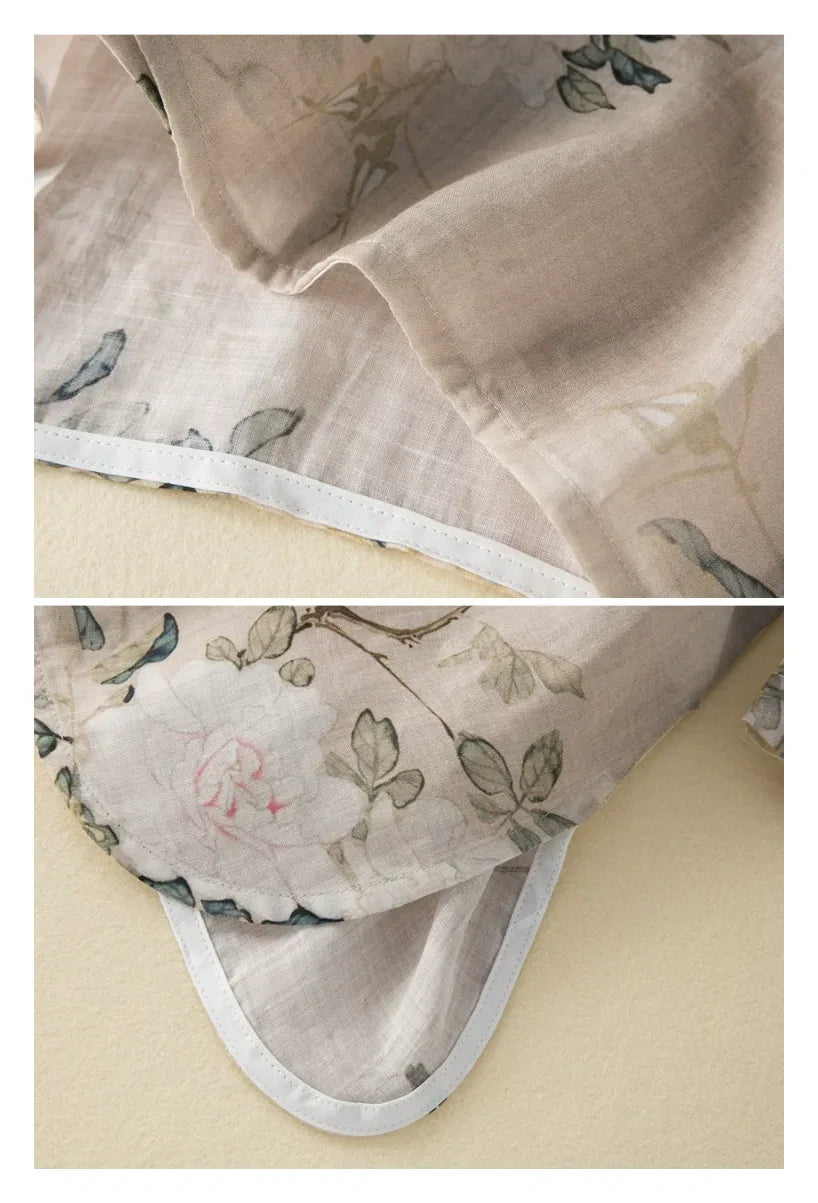 Botanical Bird Print Cotton Linen Three Quarter Sleeve Shirt - detail view