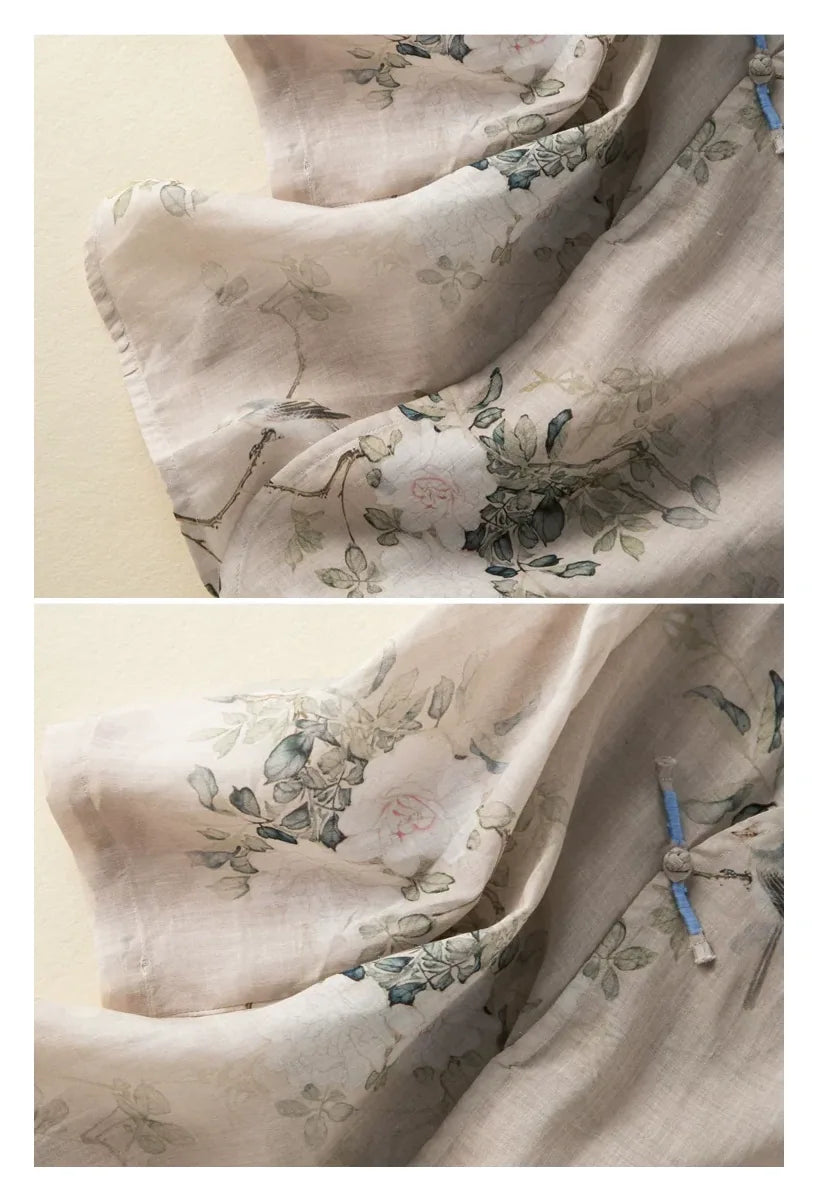 Botanical Bird Print Cotton Linen Three Quarter Sleeve Shirt - detail view