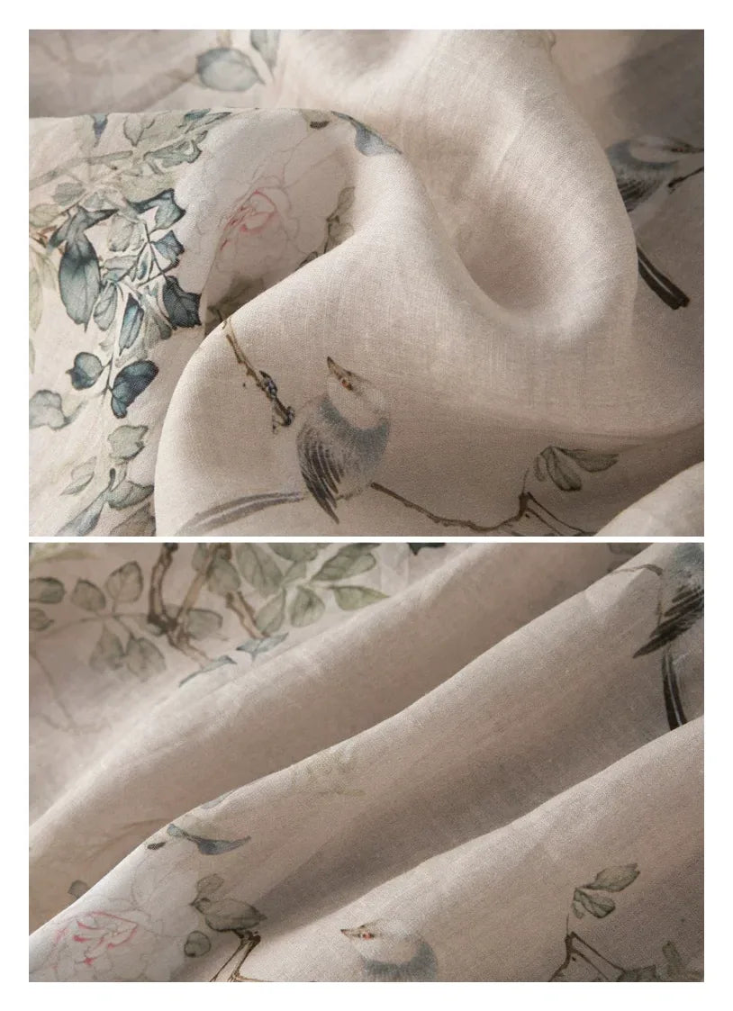 Botanical Bird Print Cotton Linen Three Quarter Sleeve Shirt - detail view