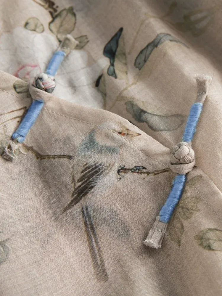 Botanical Bird Print Cotton Linen Three Quarter Sleeve Shirt - product view view