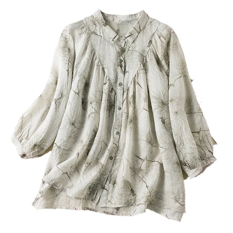 Botanical Print Yoke Detail High-Low Hem Shirt