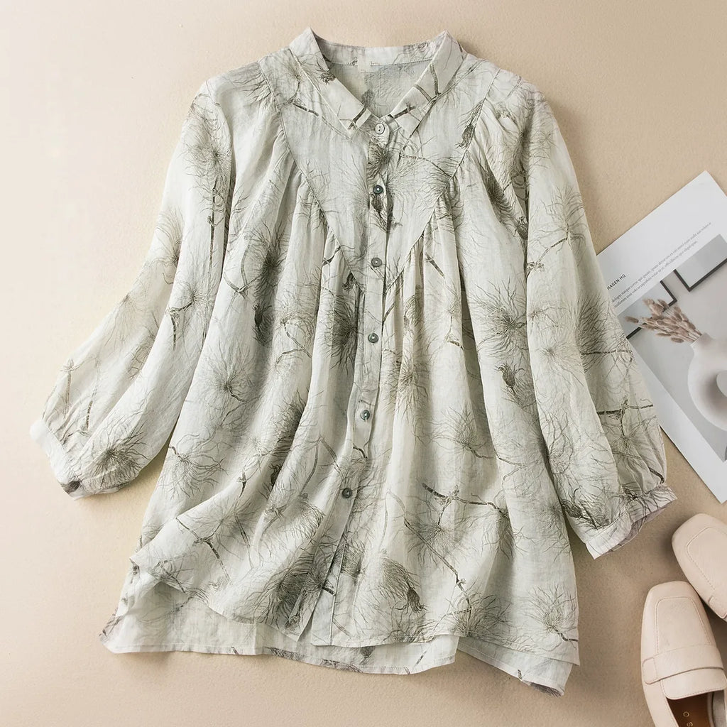 Botanical Print Yoke Detail High-Low Hem Shirt