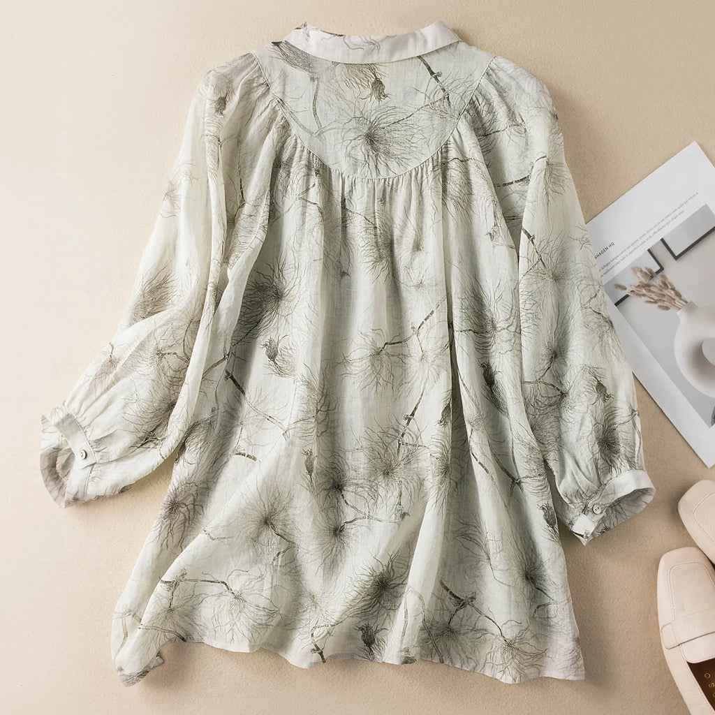 Botanical Print Yoke Detail High-Low Hem Shirt