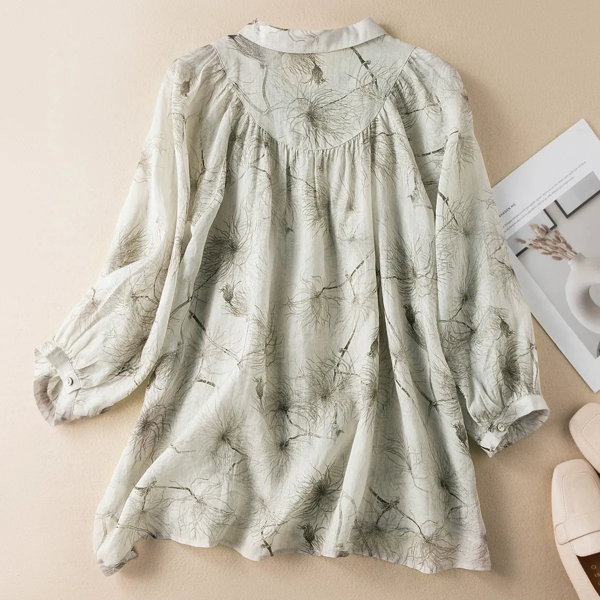 Botanical Print Yoke Detail High-Low Hem Shirt