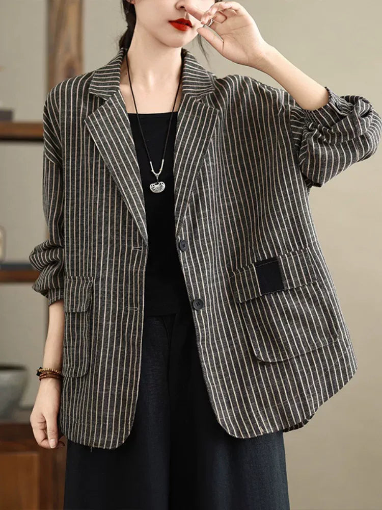 Brown Pinstripe Notched Lapel Blazer with Patch Pockets