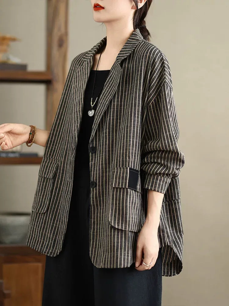 Brown Pinstripe Notched Lapel Blazer with Patch Pockets