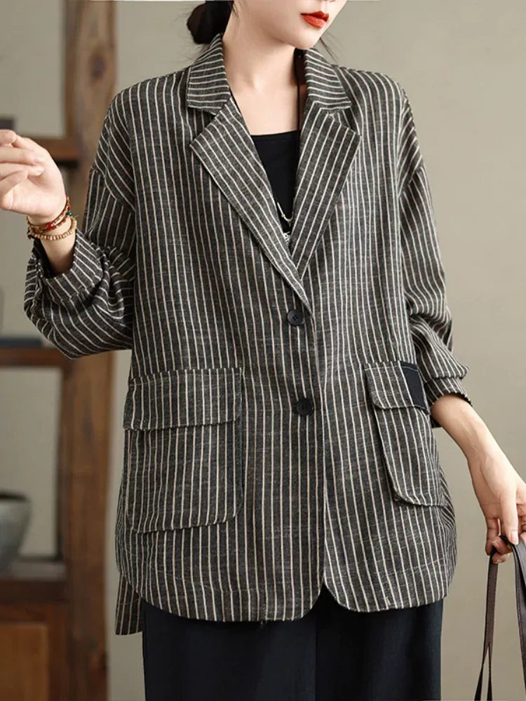 Brown Pinstripe Notched Lapel Blazer with Patch Pockets