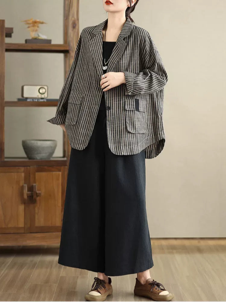 Brown Pinstripe Notched Lapel Blazer with Patch Pockets