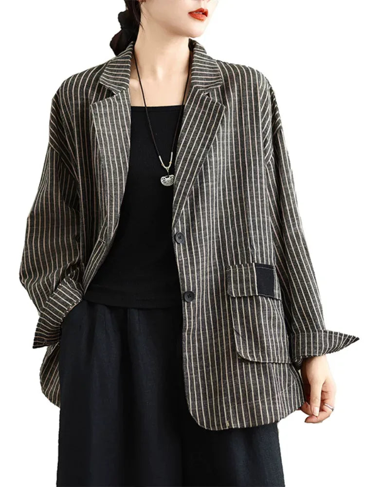 Brown Pinstripe Notched Lapel Blazer with Patch Pockets