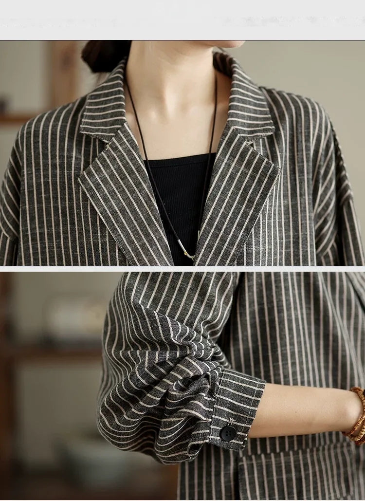 Brown Pinstripe Notched Lapel Blazer with Patch Pockets