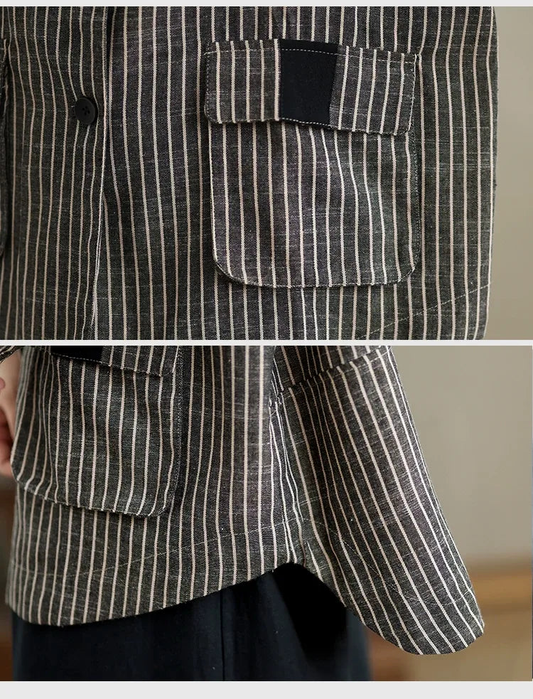 Brown Pinstripe Notched Lapel Blazer with Patch Pockets