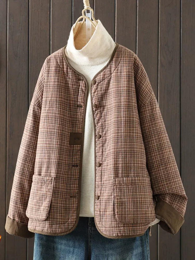 Brown Plaid Padded Jacket with Quilted Lining and Patch Pockets