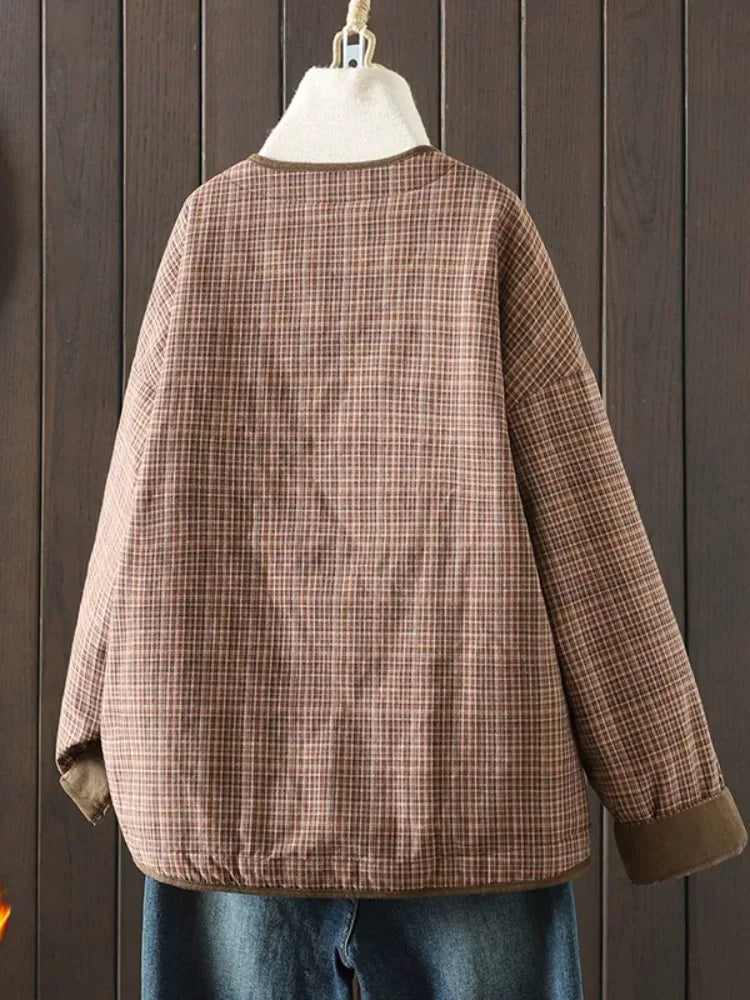 Brown Plaid Padded Jacket with Quilted Lining and Patch Pockets