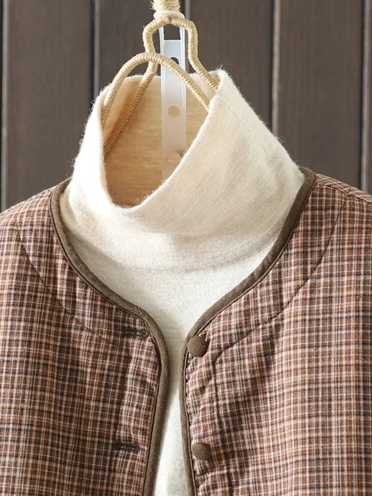 Brown Plaid Padded Jacket with Quilted Lining and Patch Pockets