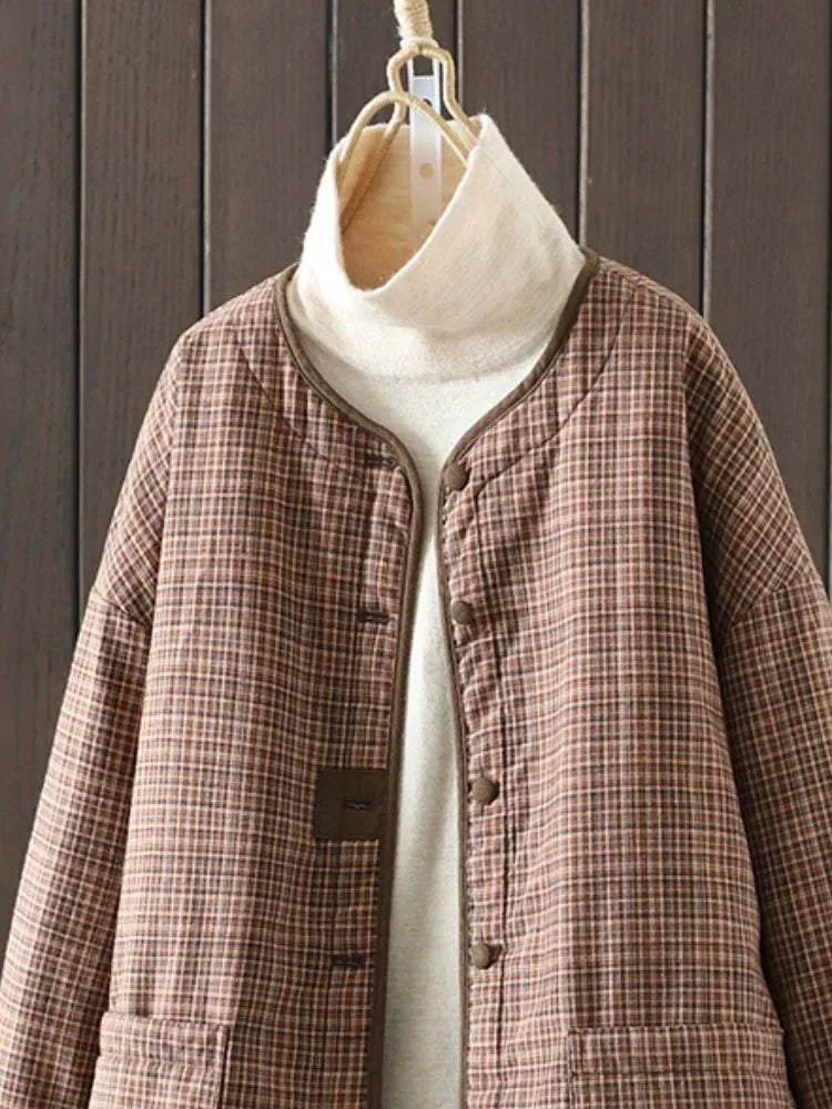 Brown Plaid Padded Jacket with Quilted Lining and Patch Pockets