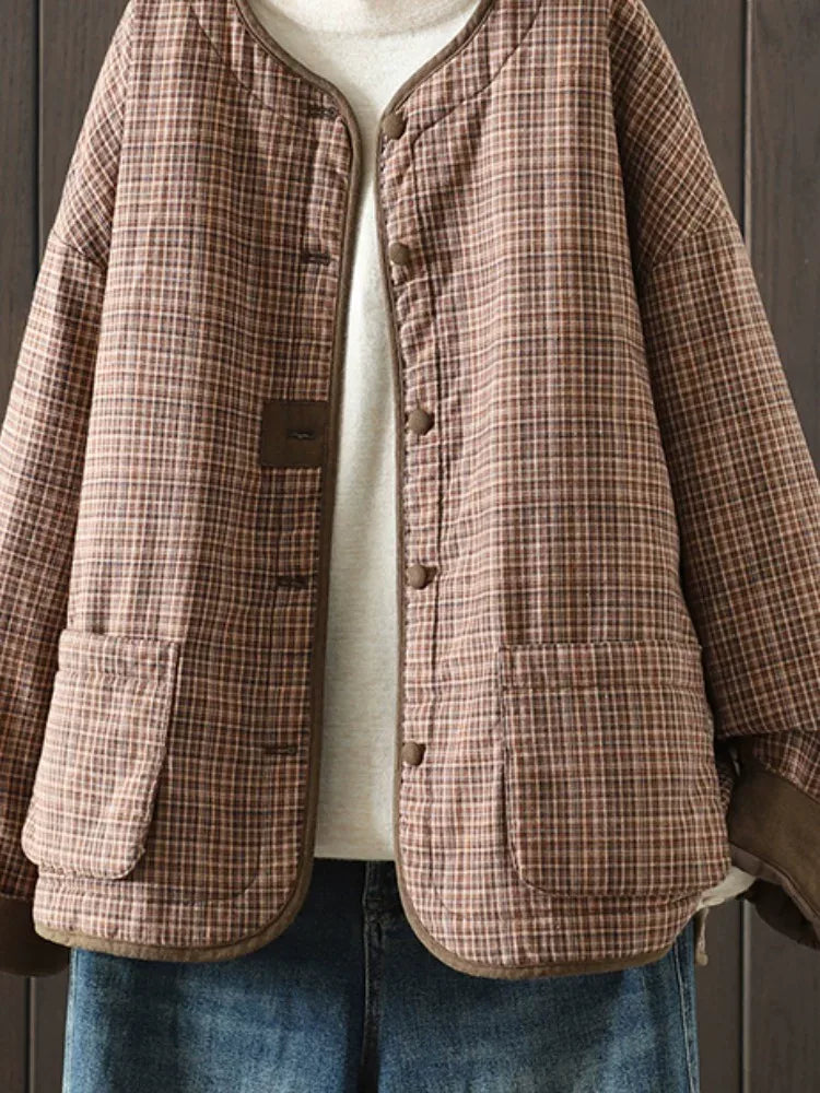 Brown Plaid Padded Jacket with Quilted Lining and Patch Pockets