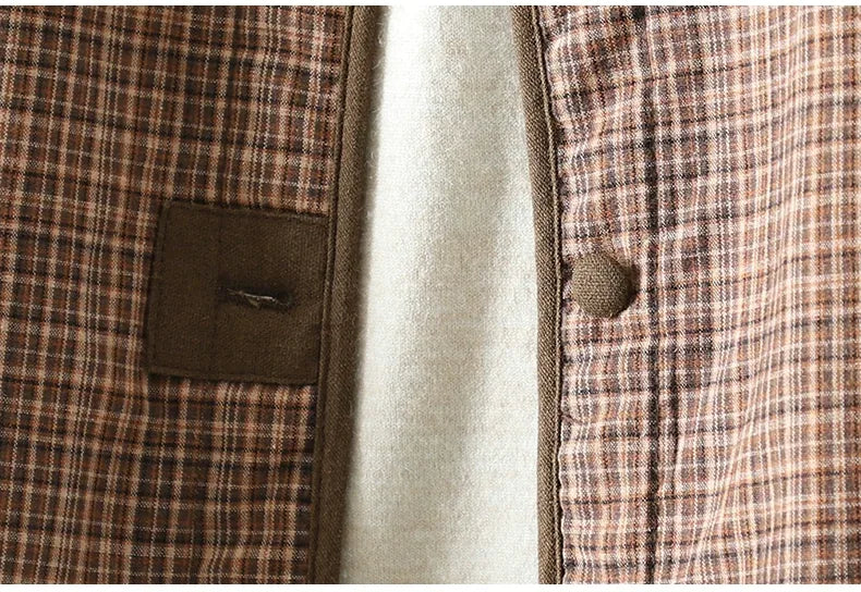 Brown Plaid Padded Jacket with Quilted Lining and Patch Pockets