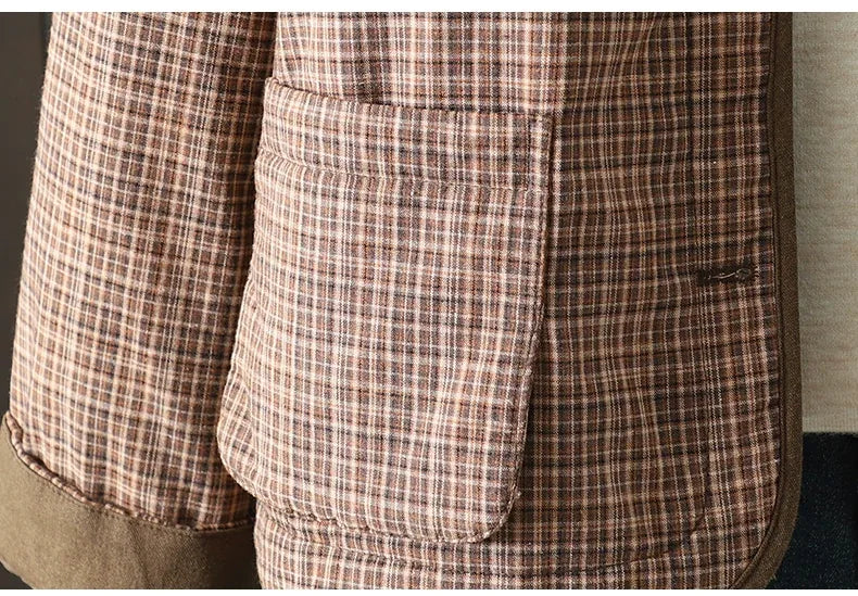 Brown Plaid Padded Jacket with Quilted Lining and Patch Pockets