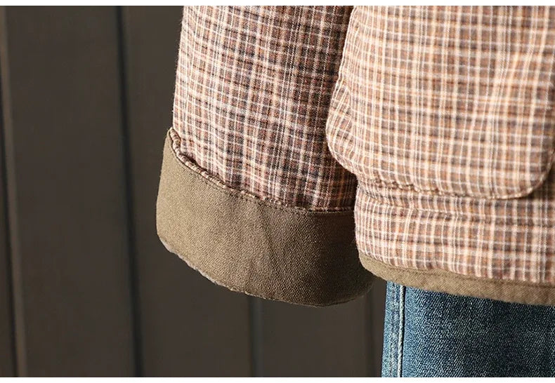 Brown Plaid Padded Jacket with Quilted Lining and Patch Pockets