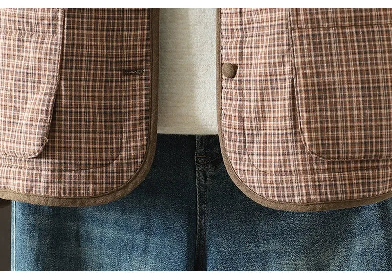 Brown Plaid Padded Jacket with Quilted Lining and Patch Pockets