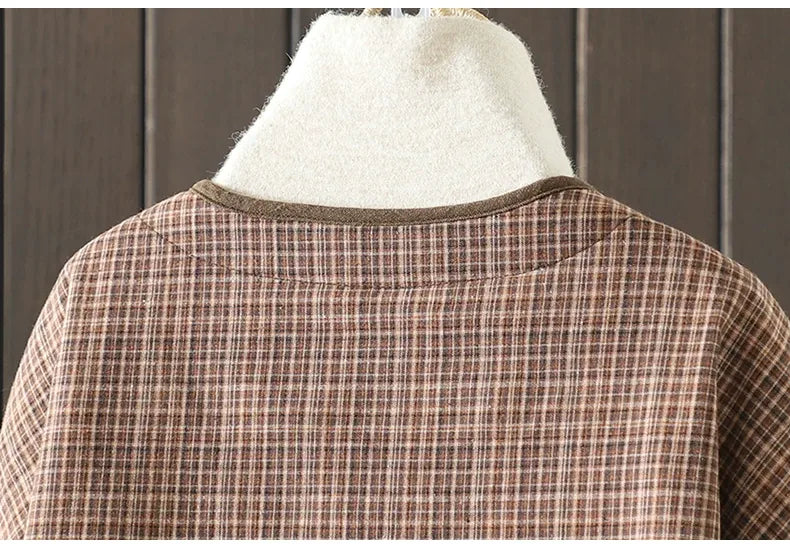 Brown Plaid Padded Jacket with Quilted Lining and Patch Pockets