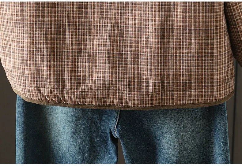 Brown Plaid Padded Jacket with Quilted Lining and Patch Pockets