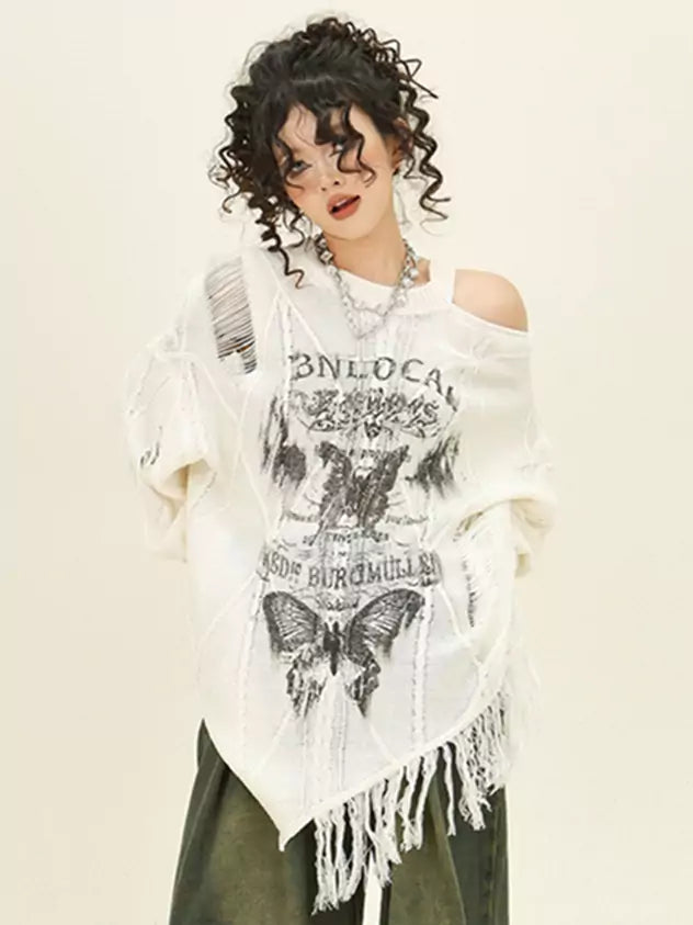 Butterfly Cutout Off-Shoulder Fringe Oversized Sweater