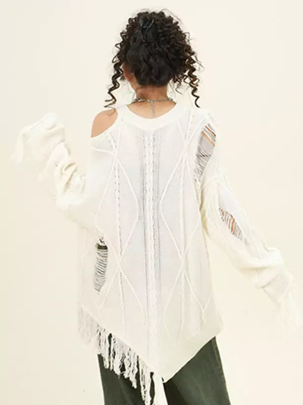 Oversize-Pullover mit Schmetterlingsausschnitt, schulterfrei und Fransen