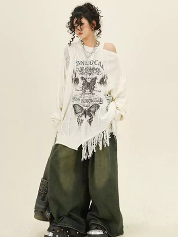 Oversize-Pullover mit Schmetterlingsausschnitt, schulterfrei und Fransen