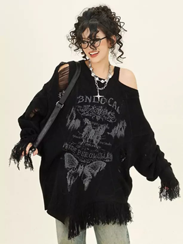 Oversize-Pullover mit Schmetterlingsausschnitt, schulterfrei und Fransen