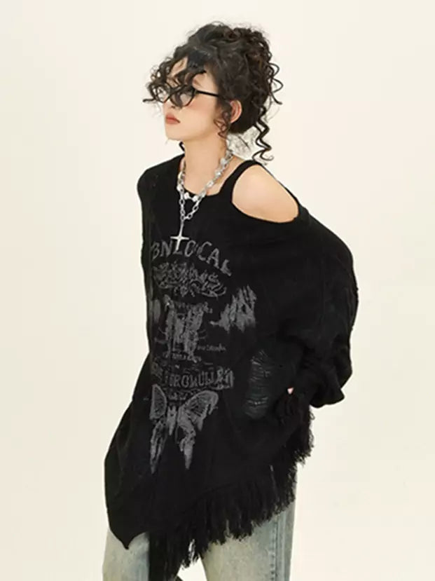 Oversize-Pullover mit Schmetterlingsausschnitt, schulterfrei und Fransen