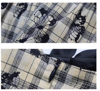 Vestido retro a cuadros con bordado de mariposas y cintura alta