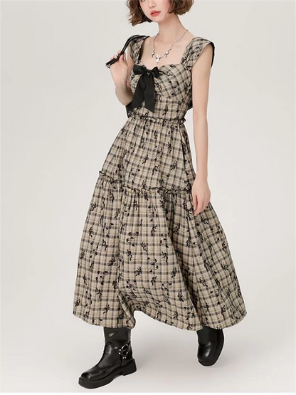 Vestido retro a cuadros con bordado de mariposas y cintura alta