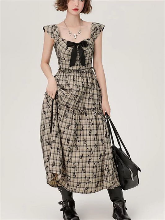 High-Waist Butterfly Embroidery Retro Plaid A-line Dress