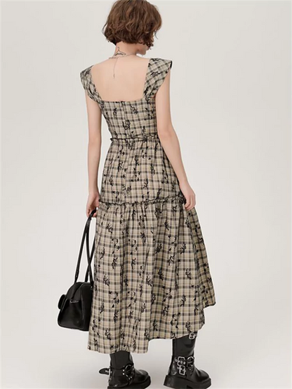 Vestido retro a cuadros con bordado de mariposas y cintura alta