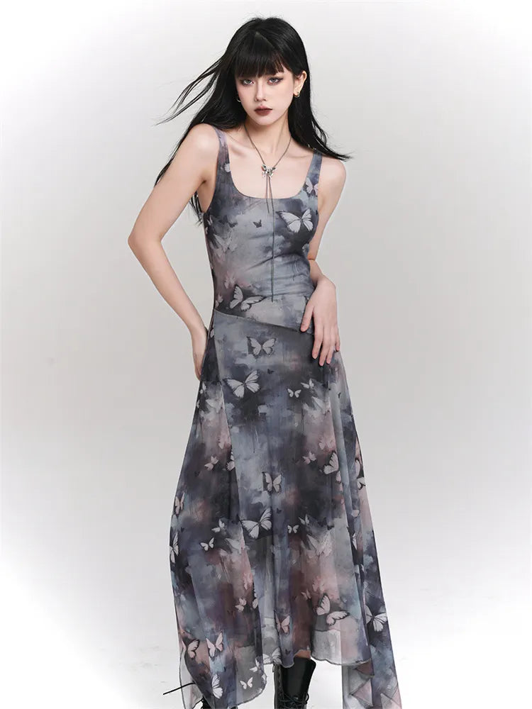 Butterfly Print Asymmetrical Mesh Cami Dress