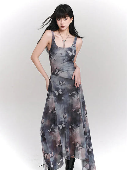 Butterfly Print Asymmetrical Mesh Cami Dress