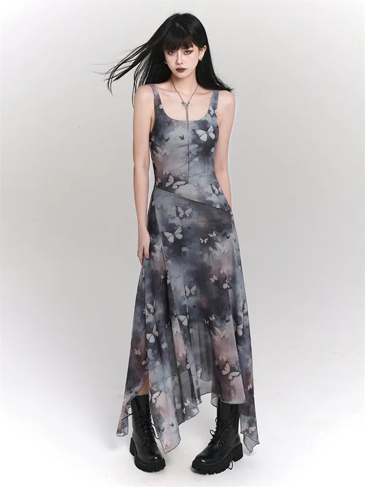 Butterfly Print Asymmetrical Mesh Cami Dress