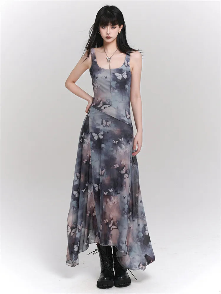 Butterfly Print Asymmetrical Mesh Cami Dress