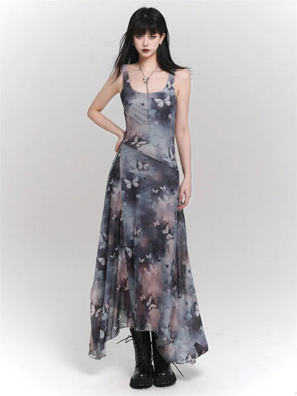 Vestido camisola asimétrico de malla con estampado de mariposas