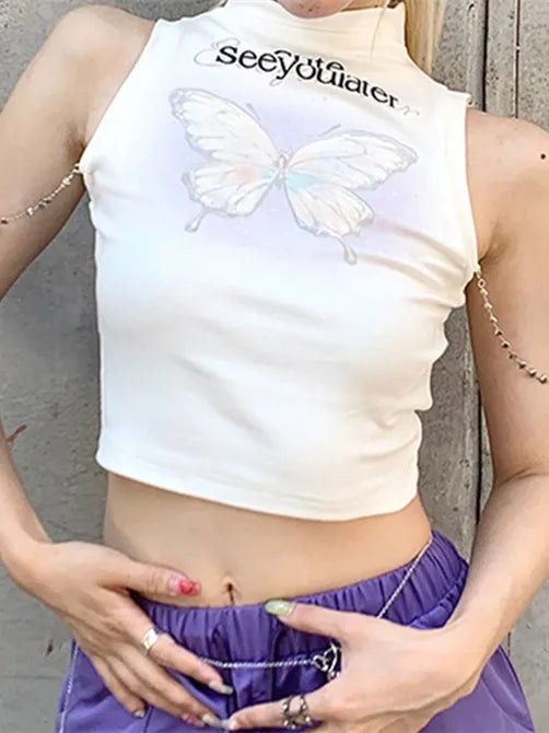 Butterfly Print Chains Crop Tank Top