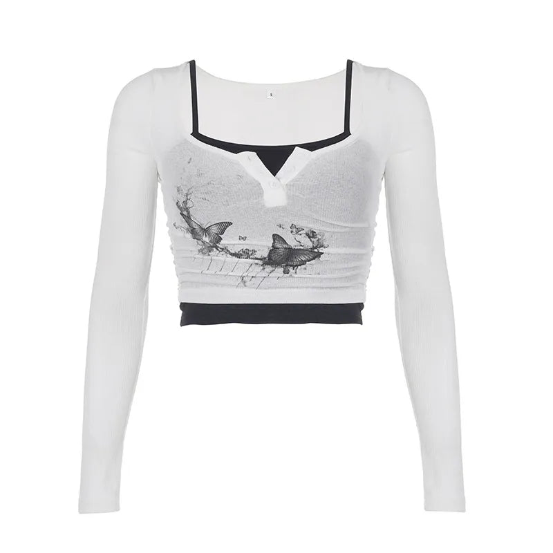 Butterfly Print Square Neck Ruched Long Sleeve Crop Top