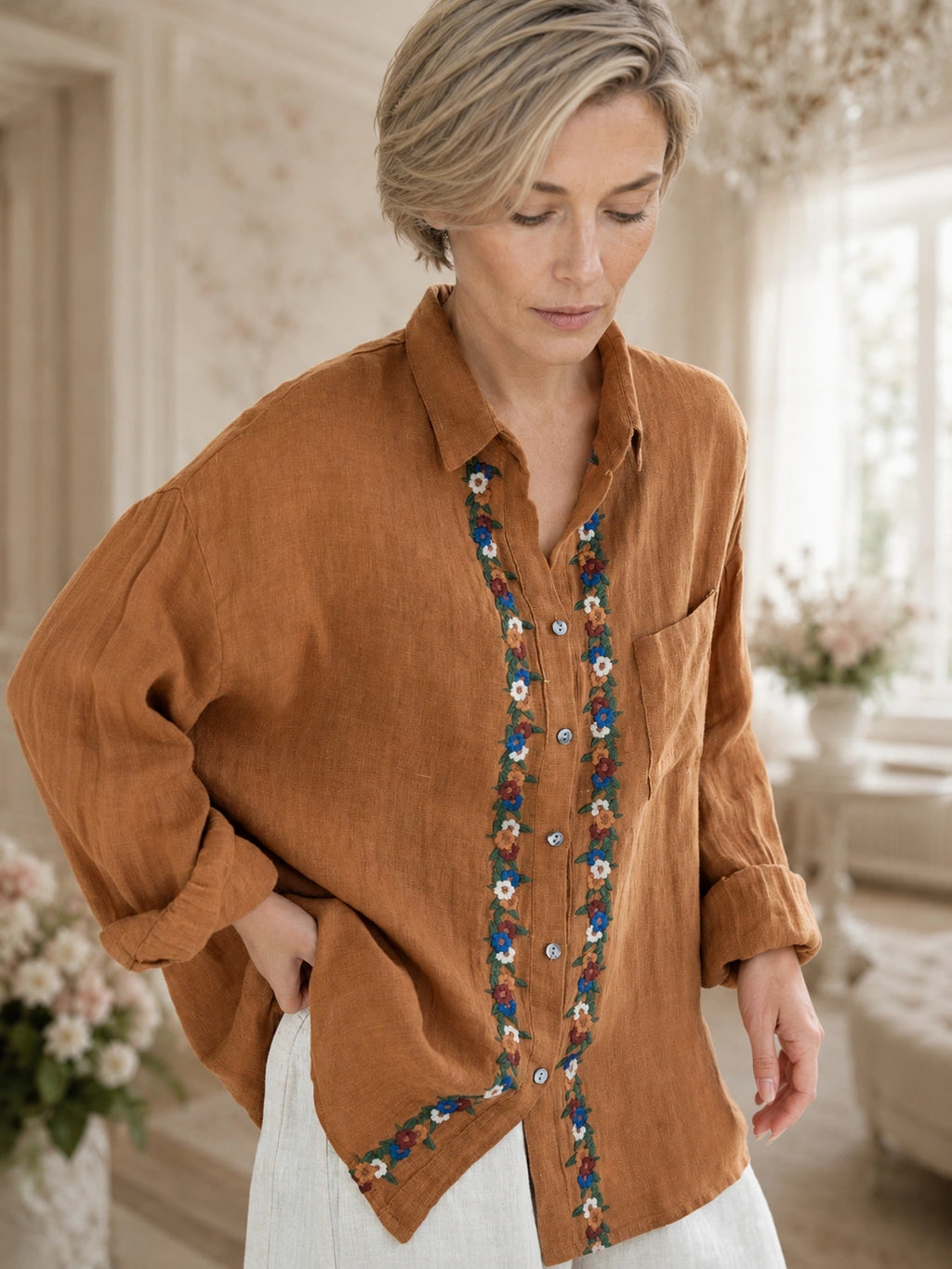 Relaxed 100% Linen Shirt with Dimensional Floral Embroidery