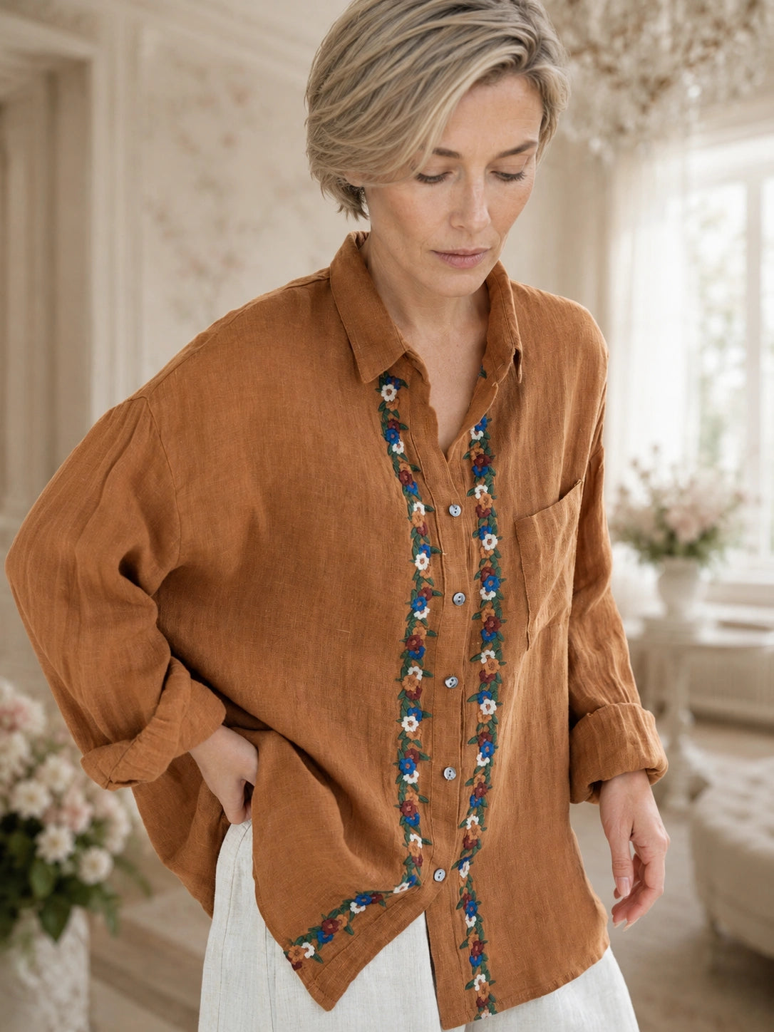 Relaxed 100% Linen Shirt with Dimensional Floral Embroidery