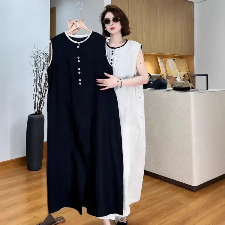 French Linen Sleeveless Midi Dress with Side Slit